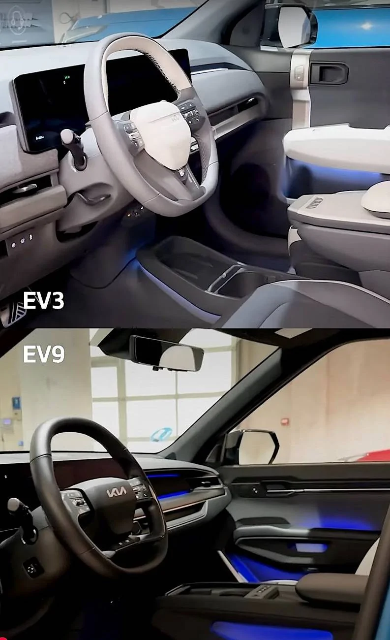 Kia EV3 EV3 vs. EV9 comparison side by side photos interior steering wheel drivers seat EV3 vs. EV9 comparison side by side photos pics 14